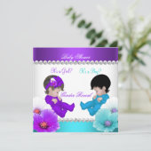 ジェンダー表示ベビーシャワーパープルティール（緑がかった色）ブルーBr 招待状 (スタンド正面)