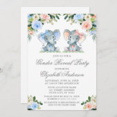 ジェンダー表示ベビーゾウ弓ピンクブルーフローラ 招待状 (正面/裏面)