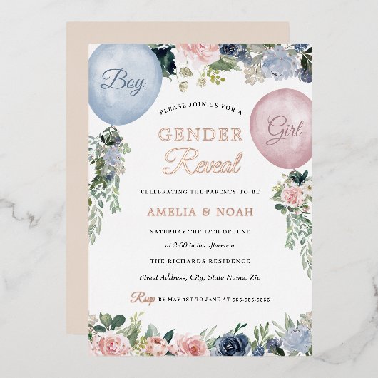 ジェンダー表示ホイルフローラバルーンピンクブルー 箔招待状 (正面/裏面)