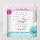 ジェンダー表示赤ちゃんシャワーピンクティール（緑がかった色）青い花 招待状 (裏面)
