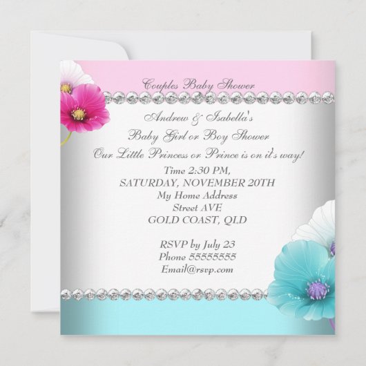 ジェンダー表示赤ちゃんシャワーピンクティール（緑がかった色）青い花 招待状 (裏面)
