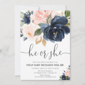 ジェンダー表示赤面ピンクのネイビーブルーフローラ エレガント 招待状 (正面)