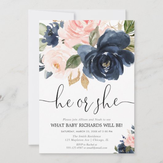 ジェンダー表示赤面ピンクのネイビーブルーフローラ エレガント 招待状 (正面)