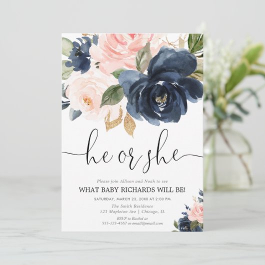 ジェンダー表示赤面ピンクのネイビーブルーフローラ エレガント 招待状 (スタンド正面)