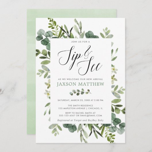 ジェンダー ニュートラルなユーカリのグリーン 招待状 (正面/裏面)