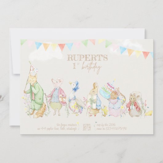 ジェンダー ニュートラル  ピーターうさぎの1歳の誕生日 招待状 (正面)