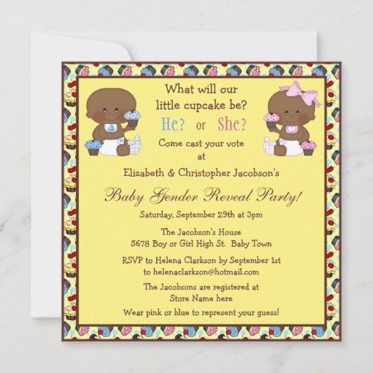 ジェンダー·リビールアフリカ系アメリカ人ベビー&カップケーキ 招待状 (正面)