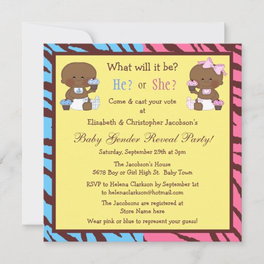 ジェンダー·リビールアフリカ系アメリカ人ベビー&カップケーキ 招待状 (正面)