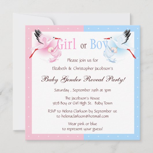 ジェンダー·リビール·パーティー·ストーク配信ベビー 招待状 (正面)