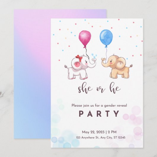 ジェンダー・リビール・パーティー、男の子？女の子？ 象 招待状 (正面/裏面)