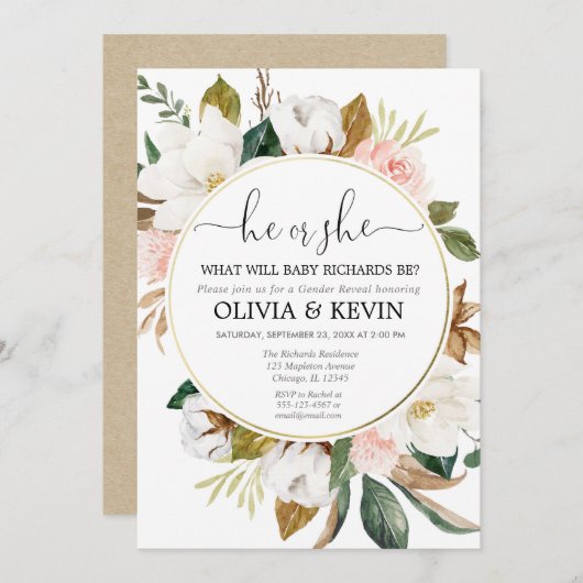 ジェンダー・リベール ピンク 白 花 モダン ラスティック 水彩 招待状 (正面/裏面)