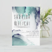 ジェーはっきりしたドとネイビーブルーモダン流体インク 招待状 (スタンド正面)