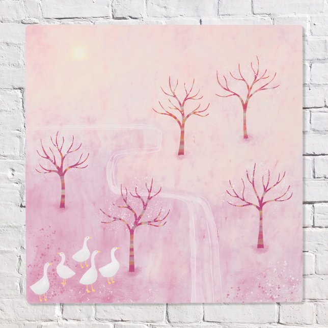 ジェーゼ・ランドスケープ付きピンクの絵を描果樹園 メタルプリント (Geese in the Orchard modern pink landscape painting metal art print)
