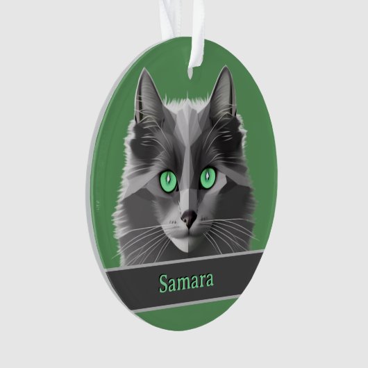 ジェードグリーンアイズ付きグレイカスタムキャット前面と背面 オーナメント (正面)