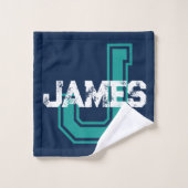 ジェームズの名前スポーティなスタイルダークブルーティール（緑がかった色） バスタオルセット (ウォッシュタオル)