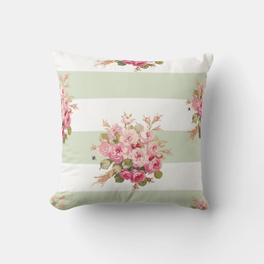 ジェーンのばら色の花束のベズルのストライブ柄の正方形の枕 クッション (正面)
