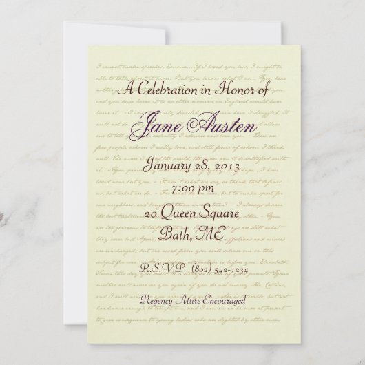ジェーンオーステンパーティー誕生祝い引用文 招待状 (裏面)
