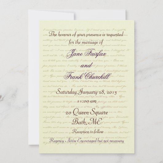 「ジェーン・オースティンの結婚式のお祝いの名言」 招待状 (裏面)