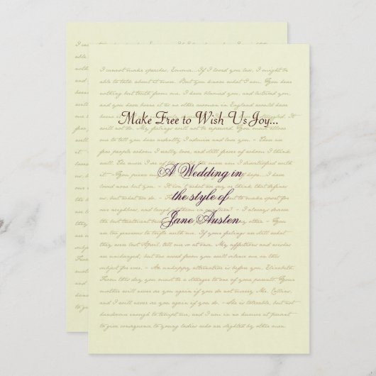 「ジェーン・オースティンの結婚式のお祝いの名言」 招待状 (正面/裏面)