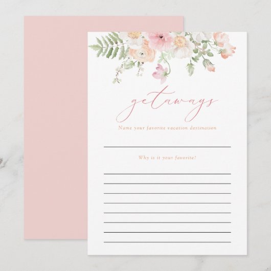 ジェーン ブラッシュ ピンク フラワーズ ゲットアウェイズ トラベル ブライダル ゲーム 招待状 (正面/裏面)