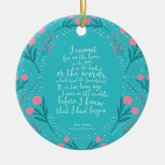 ジェーンAustenの高慢と偏見のティール（緑がかった色）及びピンクの花柄 セラミックオーナメント (正面)