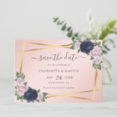 ジオエレガントネイビーブルー赤面金ゴールドボタニカル結婚ズ セーブザデート (スタンド正面)