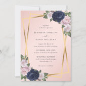 ジオエレガント金ゴールドネイビーブルー赤面ボタニカル結婚ズ 招待状 (正面)