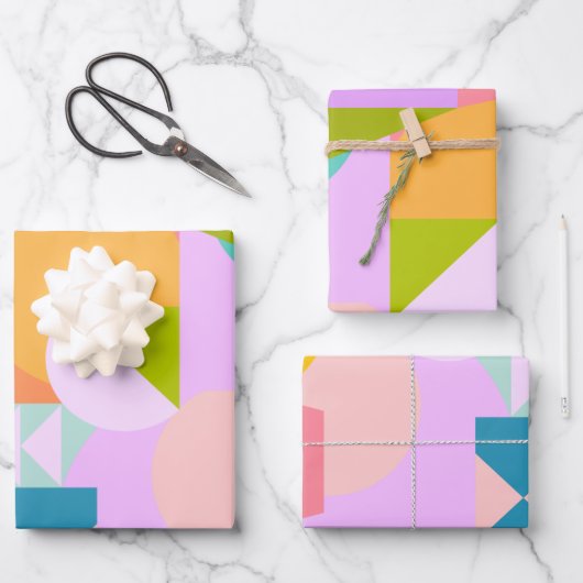ジオカラフルメトリ図形の明るい色でのコラージュ ラッピングペーパーシート (正面)