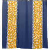 ジオパード、ネービーブルー、白、マスタードイエロー、ステッチ シャワーカーテン (正面)