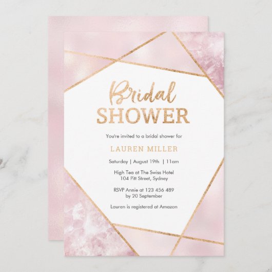 ジオピンクと金ゴールドブライダルシャワーの招待 招待状 (正面/裏面)