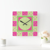ジオプレイドピンク/緑 スクエア壁時計 (ホーム)