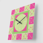 ジオプレイドピンク/緑 スクエア壁時計 (傾斜)