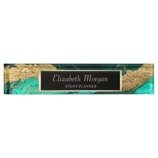 ジオメトエレガントスタイリッシュリグリーン金ゴールド大理石、フレーム デスクネームプレート (正面)