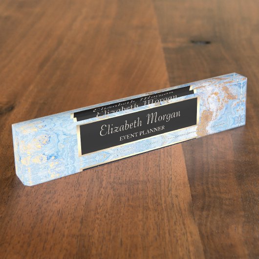 ジオメトエレガントリスタイリッシュブルー金ゴールド大理石、フレーム デスクネームプレート (側面)