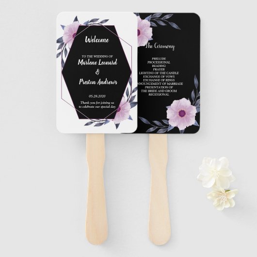 ジオメトエレガントリフレームパープル結婚式 プログラム ハンドファン (正面&裏面)