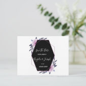 ジオメトエレガントリフレーム紫色のフローラ日付を保存 ポストカード (スタンド正面)