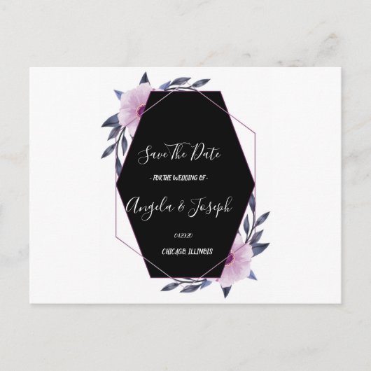 ジオメトエレガントリフレーム紫色のフローラ日付を保存 ポストカード (正面)