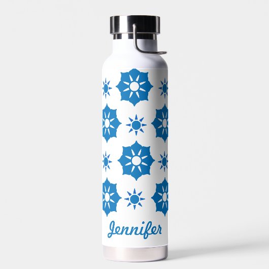 ジオメトエレガントリフローラの青と白のパターン ウォーターボトル (左面)
