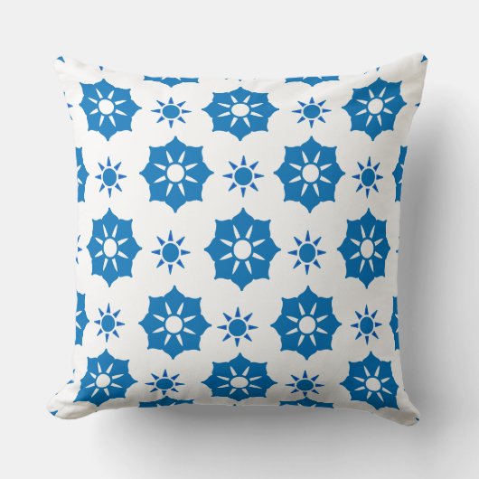 ジオメトエレガントリフローラの青と白のパターン クッション (正面)