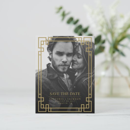 ジオメトエレガントリ金ゴールドフレーム写真の保存日付 案内ポストカード (スタンド正面)