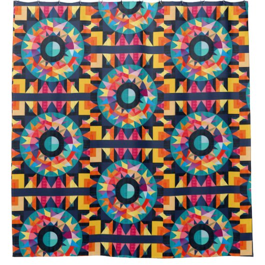 ジオメトカラフルリキルトパターン シャワーカーテン (正面)