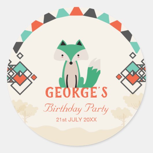 ジオメトカラフルリシェイプの部族キツネ誕生日 ラウンドシール (正面)