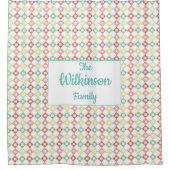 ジオメトカラフルリモダンパターンとファミリ名 シャワーカーテン (正面)