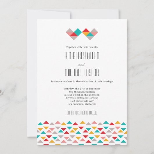 ジオメトカラフルリ三角形のハート結婚の 招待状 (正面)