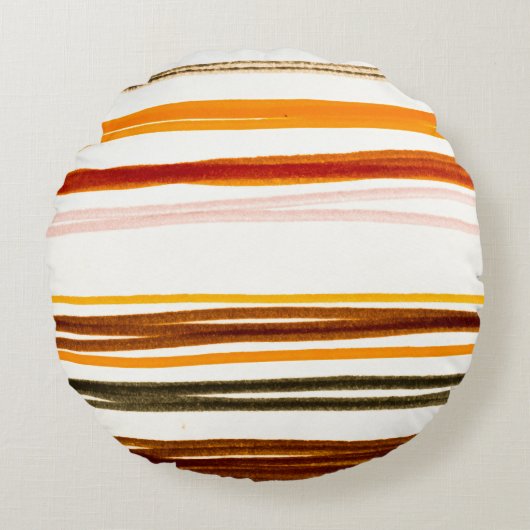 ジオメトストライプリイラストレーション、オレンジ色の水彩 ラウンドクッション (正面)