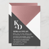 ジオメトモダンリバラ金ゴールド&チャーコ結婚ールグレー 招待状 (正面/裏面)