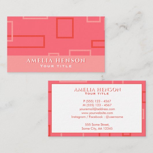 ジオメトモダンリピンクレッドピクセル正方形パターン 名刺 (正面/裏面)
