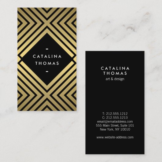 ジオメトモダンリ黒はっきりしたと金ゴールドパターン 名刺 (正面/裏面)