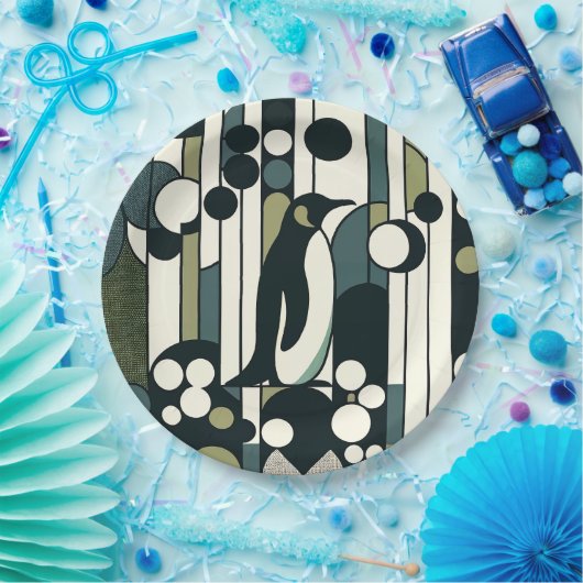 ジオメトリに失ったグリーンクリームペンギン ペーパープレート (パーティー)