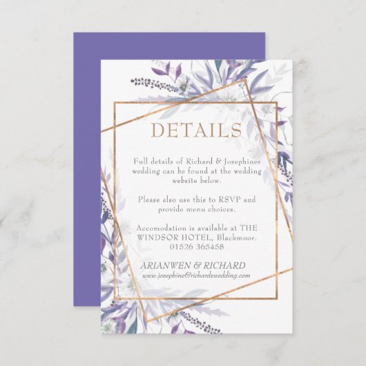 ジオメトリの葉が紫の詳細エンクロージャカード 出欠カード (正面/裏面)